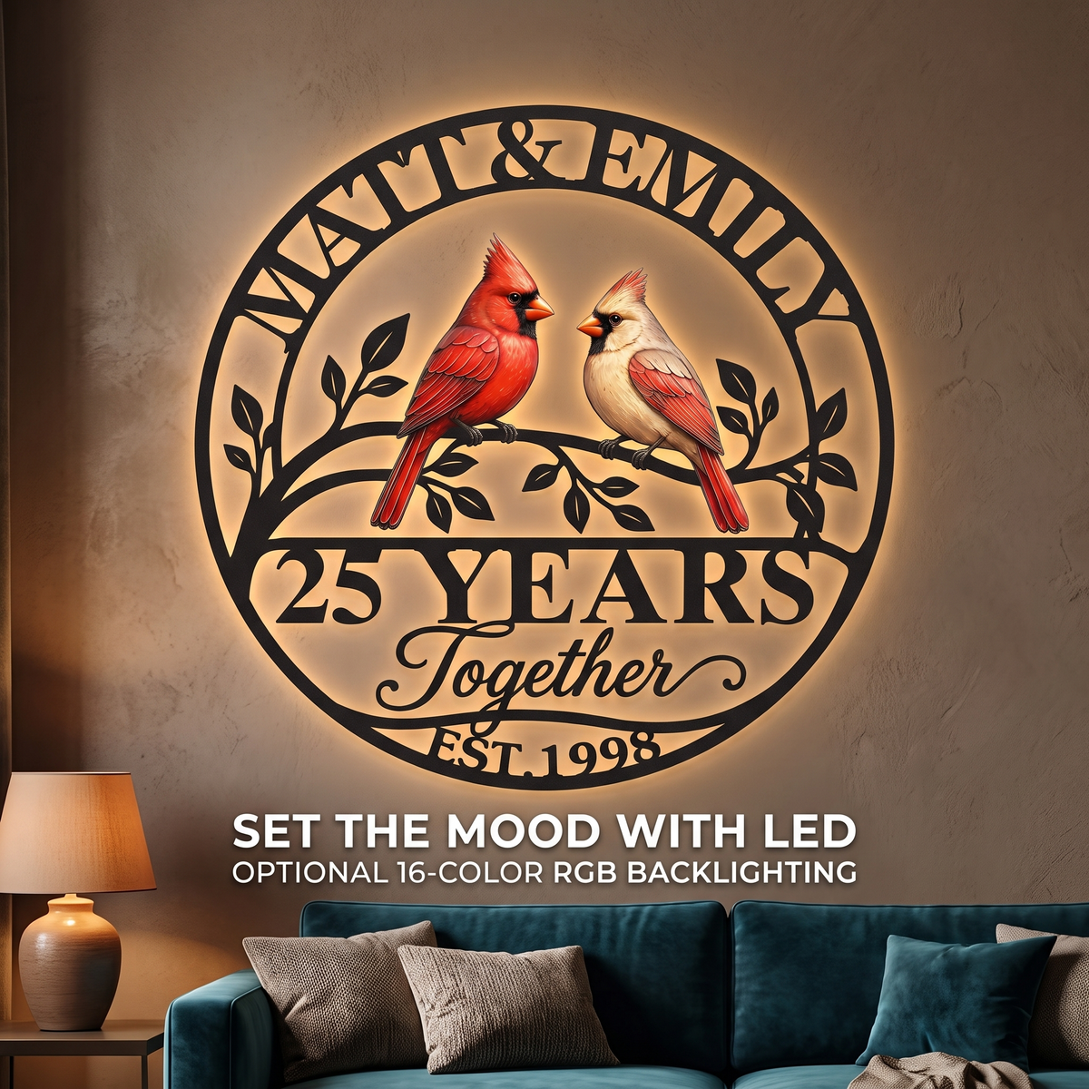 main 4 - Personalized Anniversary Gift Cardinal Couple Metal Wall Art Custom Together