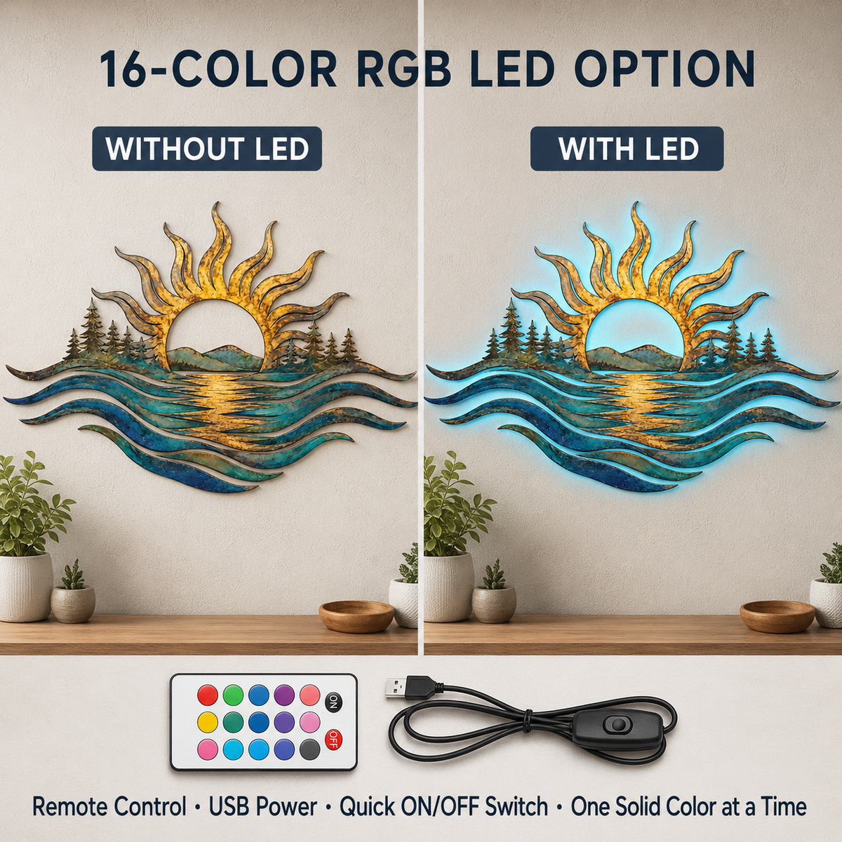main 5 - Ocean Sunset Metal Wall Art Coastal Sun and Waves Decor