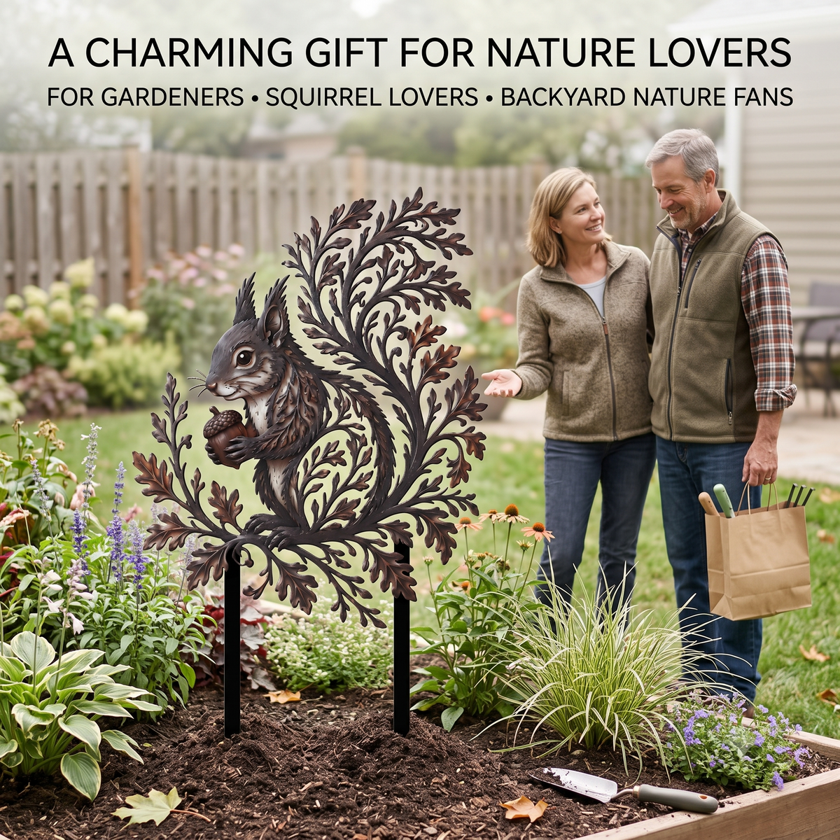 Squirrel Garden Stake Metal Yard Art Wildlife Garden Decor Botanical Outdoor Yard Art Squirrel Gift Flat Printed Metal Art — main 5