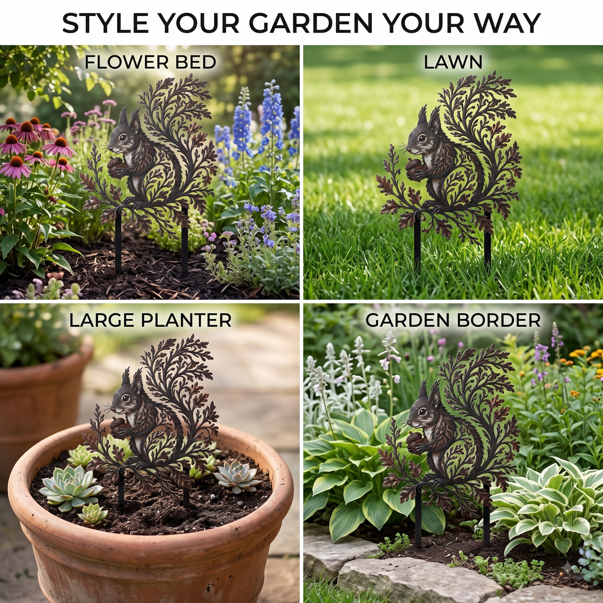 Squirrel Garden Stake Metal Yard Art Wildlife Garden Decor Botanical Outdoor Yard Art Squirrel Gift Flat Printed Metal Art — main 8